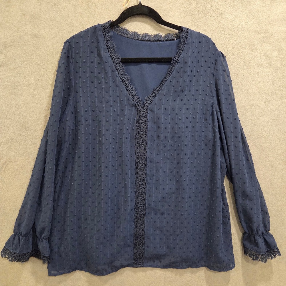 Swiss Dot Sheer Lined V-Neck Blouse Top Women XL Lace Trim Romantic Casual Chic